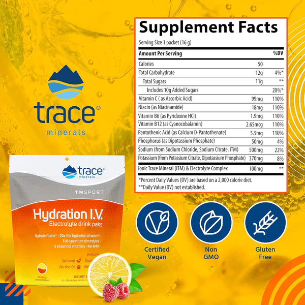 Trace Minerals, Hydration I.V. Electrolyte Drink Paks, Raspberry Lemonade, 16 Packets