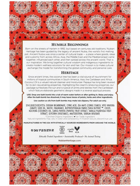 Nubian Heritage, Bath Bomb Coconut and Papaya 1.6 oz 6PC, 6 oz