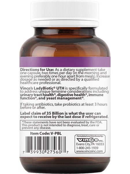 Vinco, LadyBiotic UTH, 35 Billion CFU with 3% Prebiotic FOS, 60 Capsules