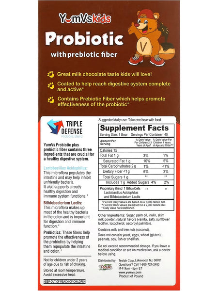 YumV's, Probiotic with Prebiotic Fiber, Milk Chocolate, 40 Flavor Bears