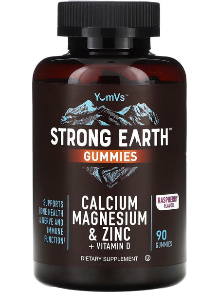 YumV's, Strong Earth Gummies, Calcium Magnesium and Zinc + Vitamin D, Raspberry, 90 Gummies