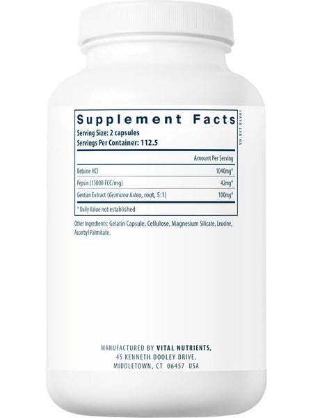 Vital Nutrients, Betaine HCl Pepsin Gentian Root Extract, 225 capsules