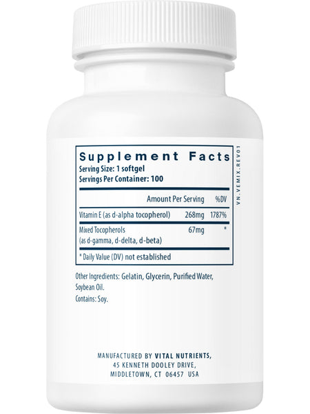Vital Nutrients, Vitamin E 400 (with mixed tocopherols), 100 softgels