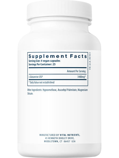 Vital Nutrients, Glutamine 3400mg, 100 vegetarian capsules