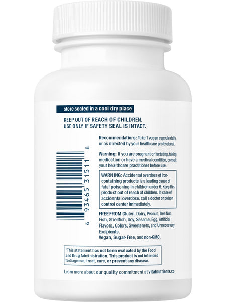 Vital Nutrients, Iron Plus C 20mg/200mg, 100 vegetarian capsules