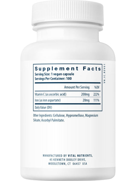 Vital Nutrients, Iron Plus C 20mg/200mg, 100 vegetarian capsules