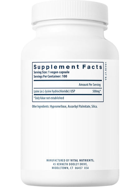 Vital Nutrients, Lysine 500mg , 100 vegetarian capsules