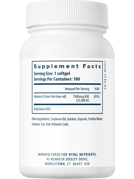 Vital Nutrients, Vitamin A 7500mcg RAE, 100 softgels