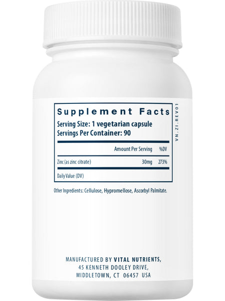 Vital Nutrients, Zinc (citrate) 30mg, 90 vegetarian capsules