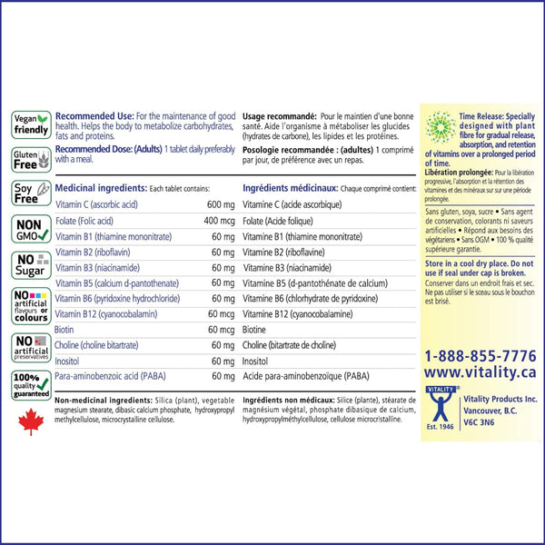 VITALITY, Time Release B Complex 60 + Vitamin C, 600 mg, 60 Tablets