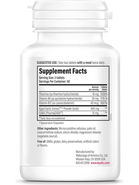 Wakunaga, Kyolic, Stress & Fatigue Relief, GABA, Vitamins B1, B6 & B12 Formula 101, 100 Tablets
