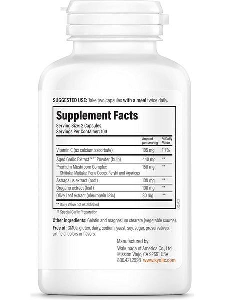 Wakunaga, Kyolic, Immune Support, Vitamin C, Astragalus, Mushrooms,Oregano Formula 103, 200 Capsules