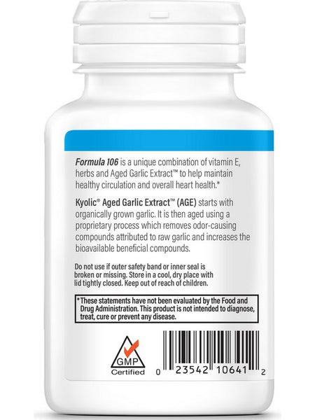 Wakunaga, Kyolic, Circulation Health, Vitamine E, Cayenne, Hawthorn Formula 106, 100 Capsules