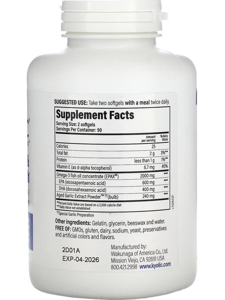 Wakunaga, Kyolic, Cholesterol & Circulation Health, Omega-3, AGE, Vitmain E Formula 150, 180 Softgels