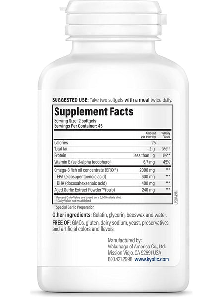 Wakunaga, Kyolic, Cholesterol & Circulation Health, Omega-3, AGE, Vitmain E Formula 150, 90 Softgels