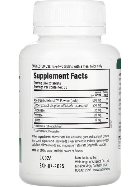 Wakunaga, Kyolic, Cleanse & Digestion, Ginger, Glucanase Enzyme Complex Fomula 102, 100 Veggie Tablets