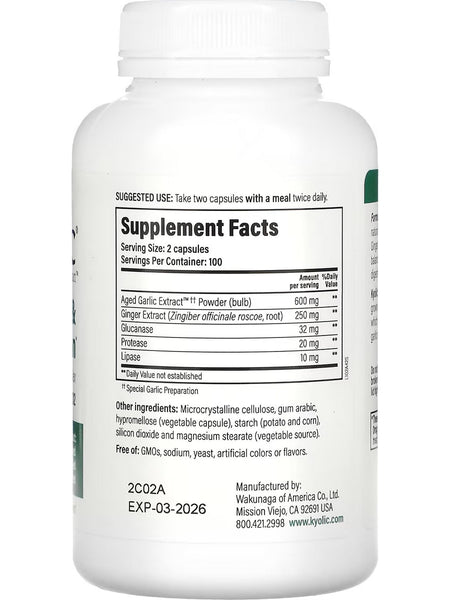 Wakunaga, Kyolic, Cleanse & Digestion, Ginger, Glucanase Enzyme Complex Fomula 102, 200 Veggie Capsules