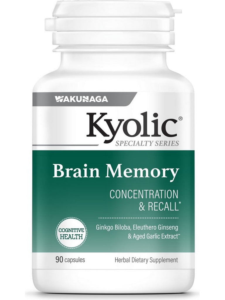 Wakunaga, Kyolic, Brain Memory, Concentration & Recall, Gingko Biloba, Eleuthero Ginseng & Aged Garlic Extract, 90 Capsules