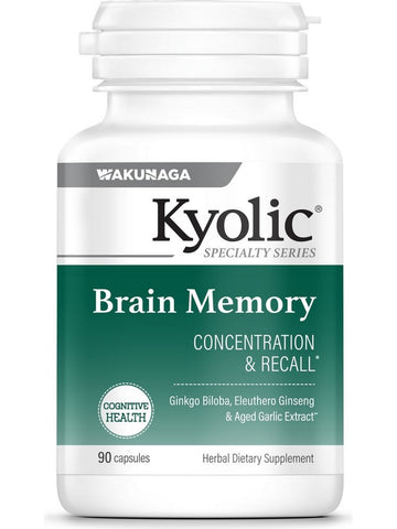 Wakunaga, Kyolic, Brain Memory, Concentration & Recall, Gingko Biloba, Eleuthero Ginseng & Aged Garlic Extract, 90 Capsules