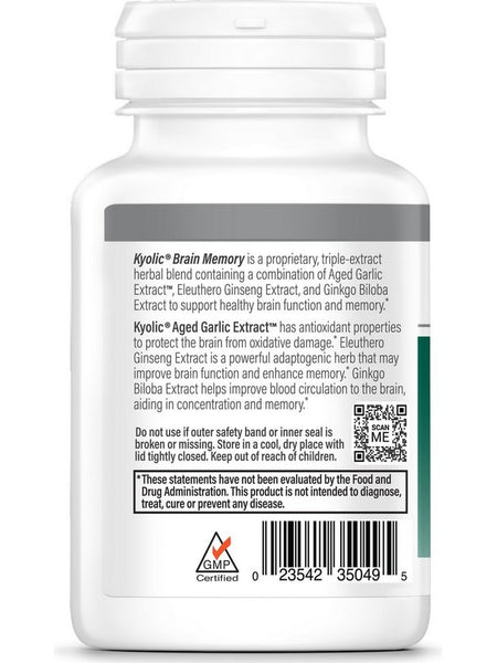 Wakunaga, Kyolic, Brain Memory, Concentration & Recall, Gingko Biloba, Eleuthero Ginseng & Aged Garlic Extract, 90 Capsules