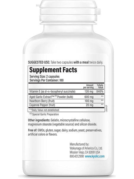 Wakunaga, Kyolic, Circulation Health, Vitamine E, Cayenne, Hawthorn Formula 106, 200 Capsules