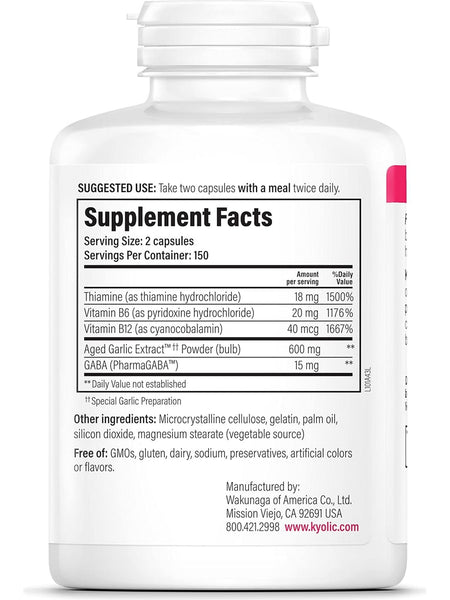 Wakunaga, Kyolic, Stress & Fatigue Relief, GABA, Vitamins B1, B6 & B12 Formula 101, 300 Capsules