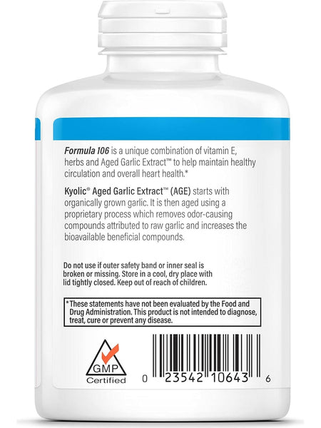 Wakunaga, Kyolic, Circulation Health, Vitamine E, Cayenne, Hawthorn Formula 106, 300 Capsules