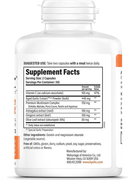Wakunaga, Kyolic, Immune Support, Vitamin C, Astragalus, Mushrooms, Oregano Formula 103, 300 Capsules