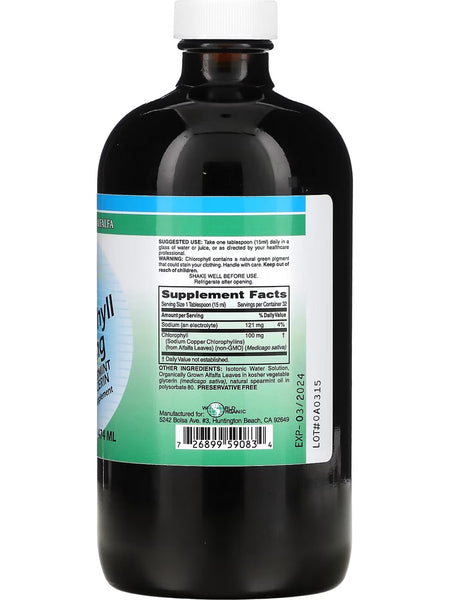 World Organic, Chlorophyll from Alfalfa, Liquid Chlorophyll with Spearmint and Glycerin, 100 mg, 16 fl oz