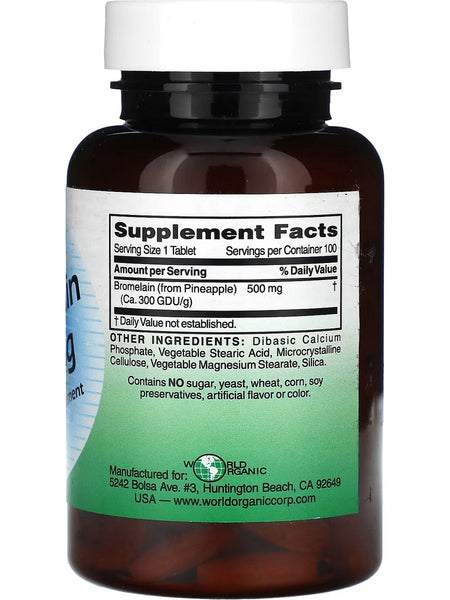 World Organic, Bromelain, 500 mg, 100 Tablets
