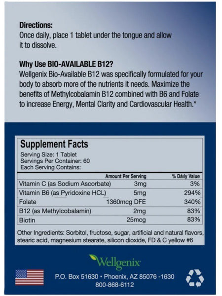 Wellgenix, Bio-Available B12, 60 Tablets