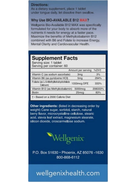 Wellgenix, Bio-Available B12 Max, 5000 mcg, 60 Tablets
