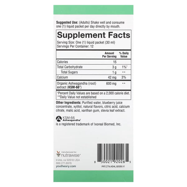 Youtheory, Ashwagandha Liquid, Blueberry, 12 Packets