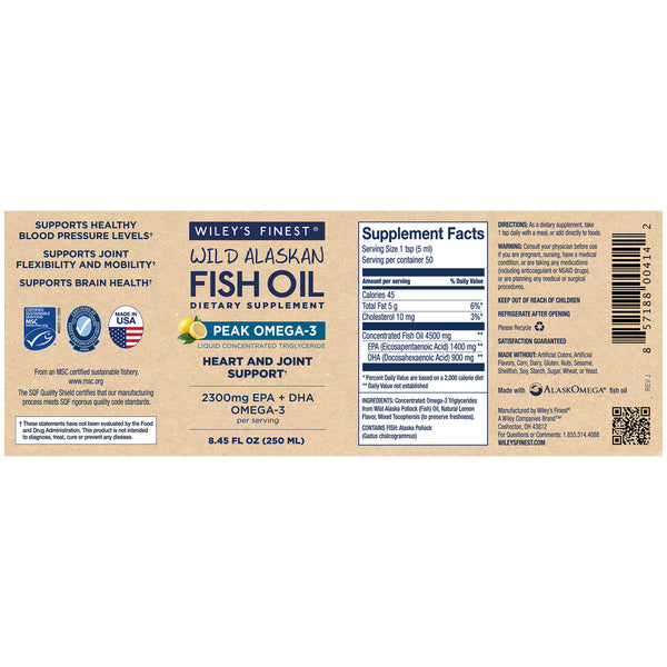 Wiley's Finest, Peak Omega-3 Liquid, Natural Lemon, 8.45 fl oz
