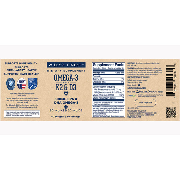 Wiley's Finest, Omega-3 with K2 & D3, 60 Softgels