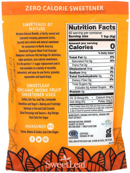 SweetLeaf, SweetLeaf Organic Monk Fruit Powder Sweetener Granular Bag, 240 gm