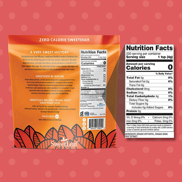 SweetLeaf, SweetLeaf Organic Monk Fruit Powder Sweetener Granular Bag, 800 gm