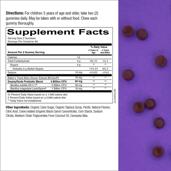 SmartyPants Vitamins, Kids Prebiotic and Probiotic Immunity Formula, 4 Billion CFU, Grape, 60 Gummies