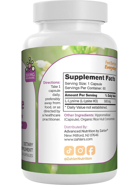 Advanced Nutrition by Zahler, L-Lysine, 60 Capsules