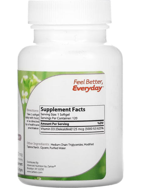 Advanced Nutrition by Zahler, Vitamin D3 Softgels, 5000 IU, 120 Softgels
