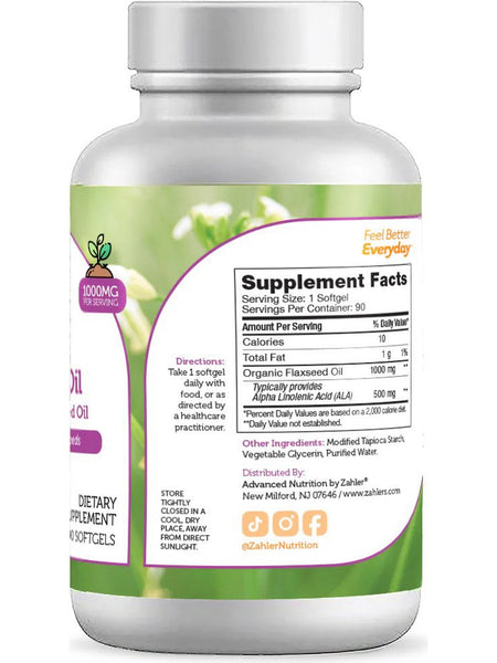 Advanced Nutrition by Zahler, Flax Seed Oil 1000 mg, 90 Softgels