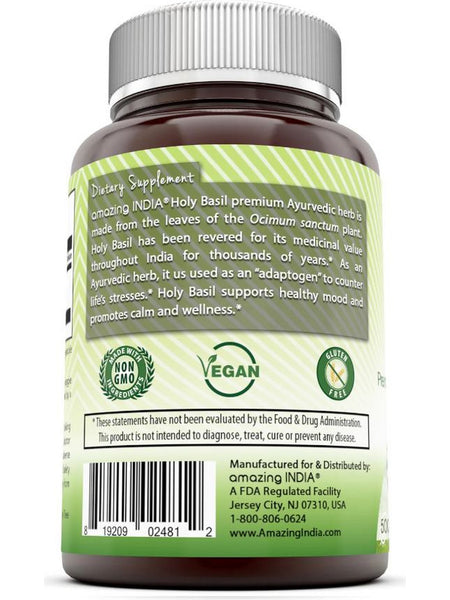 Amazing India, Holy Basil Premium Ayurvedic Herb 4:1 Extract, 500 mg, 120 Veggie Capsules