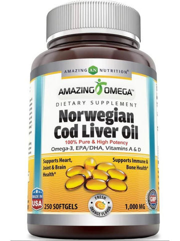 Amazing Omega, Norwegian Cod Liver Oil, 1000 mg, Fresh Orange Flavor, 250 Softgel