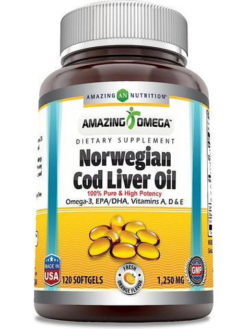 Amazing Omega, Norwegian Cod Liver Oil, 1250 mg, Fresh Orange Flavor, 120 Softgels