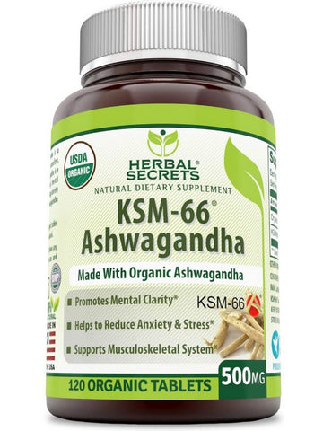 Herbal Secrets, KSM-66 Ashwagandha, 500 mg, 120 Organic Tablets