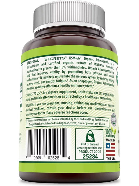 Herbal Secrets, KSM-66 Ashwagandha, 500 mg, 120 Organic Tablets