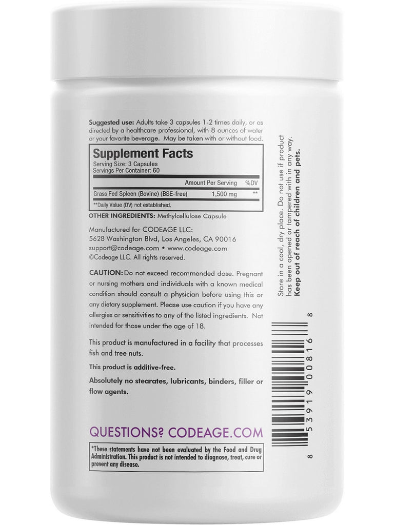 Codeage, GrassFed, Beef Spleen, 180 Capsules Herbs Direct