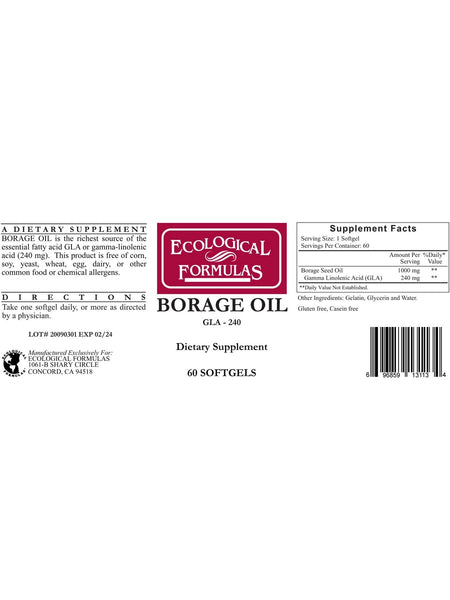 Ecological Formulas, Borage Oil, GLA - 240, 60 Softgels