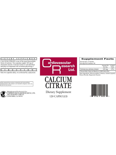 Cardiovascular Research Ltd., Calcium Citrate, 120 Capsules