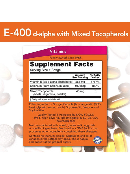 NOW Foods, E-400 IU d-alpha with Mixed Tocopherols, 100 softgels